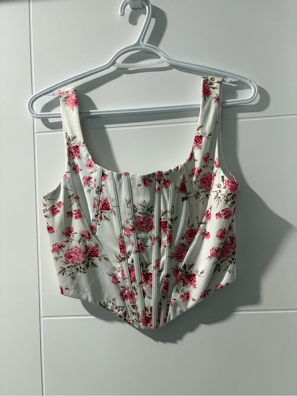 Floral Corset Crop Top in White with Pink Rose Print